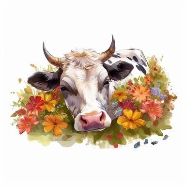 Painted cartoon illustration of cow sleeping in flowers, clip art, digital art, HD, white background, watercolor, white liner, no paint drips