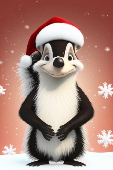 no text, winter wonderland background with snow and snowflakes, 3d whole body clipart of a smiling, friendly skunk, wearing a santa clause hat, christmas vibes, cartoon network style, friendly face, head unproportionally bigger than body, detailed body shape, front shot, insanely big shiny eyes, caricatured face, insanely glossy, plastic like fur and skin, unrealistic, 8k photography, cinematic, super cute face, Photography, Ultra-Wide Angle, Depth of Field, hyper-detailed, beautifully color-cod