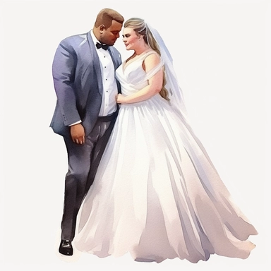 watercolor drawing, clipart, drawing, illustration of bride and groom, bride slightly overweight 198 lbs, groom thin 154 lbs, white suit, clipart, high resolution format, photorealistic, 3D. 4K