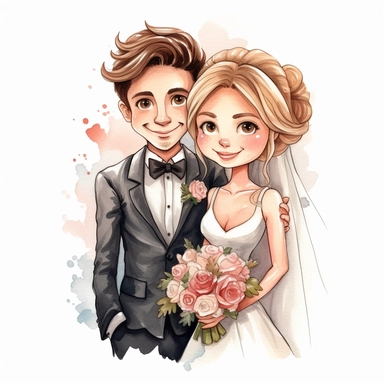 portret of a Cartoon wedding pair, just married, cute family, style by Lusy Fleming, watercolor, clipart elements, smooth gradients, black contour outline, ultra detailed, white background, super clear, high quality
