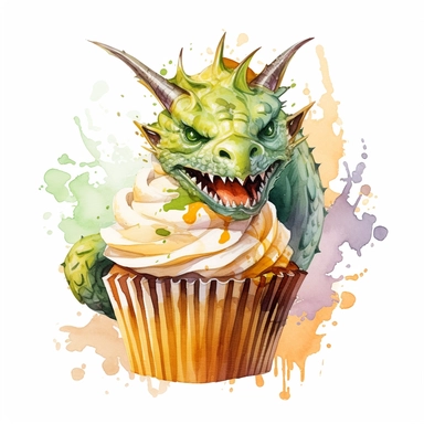 delicious halloween cupcake with dragon , watercolour illustration clipart, extremely detailed, 4k, high quality, colour scheme gold, silver and cream and lime green , , isolated on white background