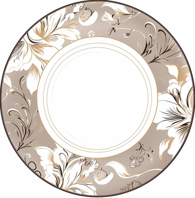 floral wedding plates of gold clipart in the gallery, in the style of dark beige and silver, simplified line work, careful framing, tondo, precisionist lines, opacity and translucency, inlay