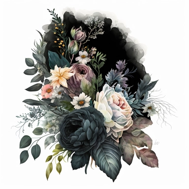 clipart watercolor, detailed and realistic. on white backrgound. beautiful flower tribute, dark theme sorry, loss, funeral like. dark flowers bouquet