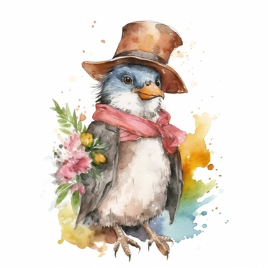 a Cute Happy Penguin in the style of Watercolor Kate Greenaway Clipart, White Background