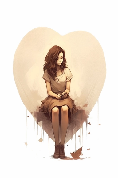 a girl holding a big heart on her lap, in the style of light beige and brown, childlike innocence and charm, soft watercolours, #screenshotsaturday, gold and bronze, letras y figuras, poignant, clipart