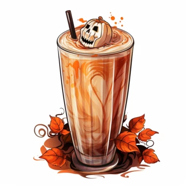 latte macchiato halloween themed, highly detailed color ink illustration, autumn season details, white background clipart 8k
