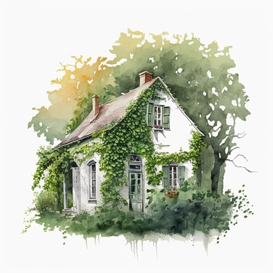 Ivy on a white country house watercolor clipart, white background