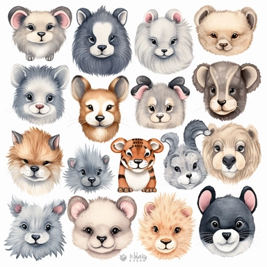 Cute baby animals face colored pencil clipart sets pastel no background,worm color, Lisa glanz style, white background charecter, single items, cute items, oil paint, no background. Clear simple shapes, cute, high quality, Procreate art, HD, 8k, detailed, wax crayons style illustration, digital illustration, white background