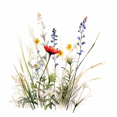 clean minimalistic wildflowers watercolor flower painting, in the style of watercolor landscapes, romantic and nostalgic themes, highly detailed and defined brush strokes of each stalk and grass and buds skillful clipart clean white background high contrast 16k resolution
