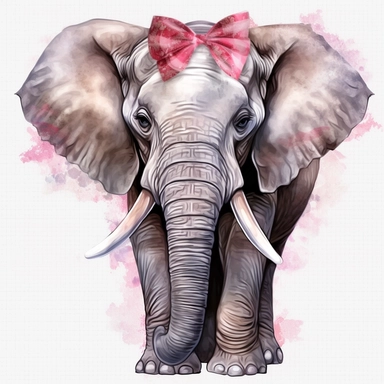 a young female grey African elephant with a pink bow on head, stood sideways to the camera looking right, watercolour painting blank transparent background png clipart