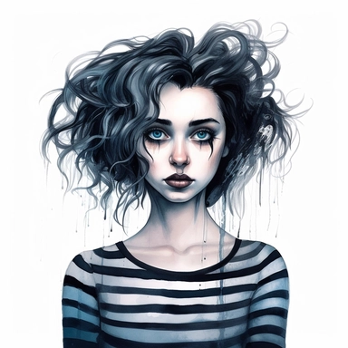 Beautiful pretty young woman tim Burton characters films style, paint art style, detail, clipart, white background, superrealistic, one of a kind
