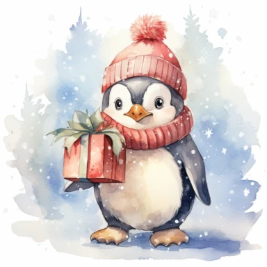 A lovable penguin wearing a Santa hat and a big smile, holding a christmas gift, standing on an icy surface, surrounded by snowflakes and a snowy backdrop, ornamental watercolor clipart