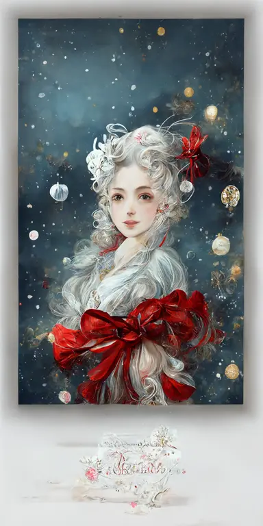 Christmas gift box, red bow, clipart, anime, christmas background, white snow, flooded with celestial starry waters, rococo style Marie Antoinette, big glass windows with billowing, floral drapery,