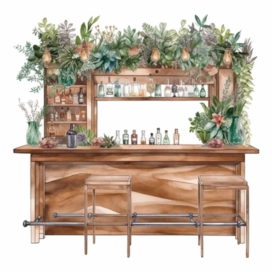 watercolor, hyper realistic, white background with margins, 8k, ultra detailed clipart a wooden bar decorated with greenery and florals, serving drinks for the reception, wedding, brown and green