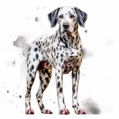 dalmation dog watercolour paintingstanding realistic yet stylized, digitally enhanced, clipart, 32k uhd, detailed crosshatching white background