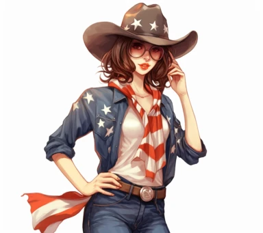 western cowboy girl clipart, usa flag, wear sunglasses, left view, cartoon style, sticker art, t - shirt design , white background