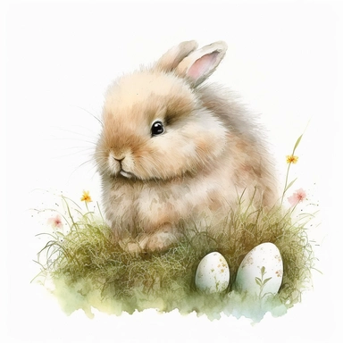 super cute fluffy bunny, watercolor illustration, Easter eggs, grass, clipart