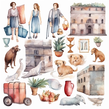 Watercolor roman angora with roman people shopping , illustrations clipart set, simple, , cartoon elements, different variants , iron elements, marble elements, separate elements with a margin