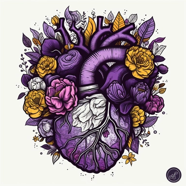 Purple Gothic anatomical Heart Clipart with flowers, Anatomical Valentine digital-illustration. No Roots, no vines, no leaves, Solid Background. Flowers and the anatomical heart only. Thin black outline around heart and flowers. Bold, vibrant colors. Contour, Vector, Solid White Background