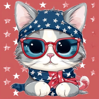 Super cute, American flag with cat scarf and sunglasses Sublimation Clipart, Cartoon funny, Cute anime, Very detailed, firework blue background