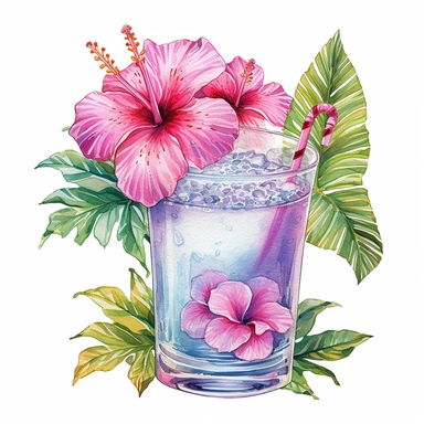Pastel Cute Beautiful Hawaii Drinking tropical flower Watercolor Sublimation Clipart,Cartoon, hyper realistic, intricate detail, illustration style,high solution,on the white background