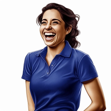 photo-realistic beautiful and physically fit Hispanic woman, age 25, wearing a royal blue polo shirt, laughing at a very funny joke, waist level showing on white background for vector clipart