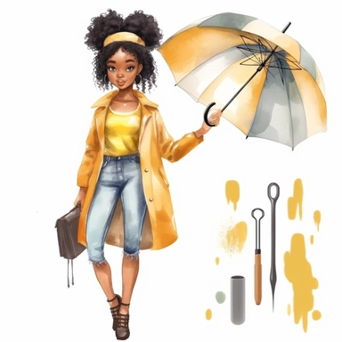 pretty African American girl water color character clipart, cute girl wearing modern style clothing realistic digital art, white background, clean ascetic, clean crisp outline, s1000