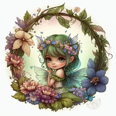 a cure fairy with a wreath of flowers and butterflies, by Jasmine Becket-Griffith, cute detailed artwork, cute detailed digital art, , whimsical and cute, fairy in flowers, magical fairy,, fantasy illustration, illustration, fantasy flowers and leaves, aesthetic cute with flutter, front page of art station, goddess of spring, flower frame, spring theme, clipArt style, solid whir backgtounf