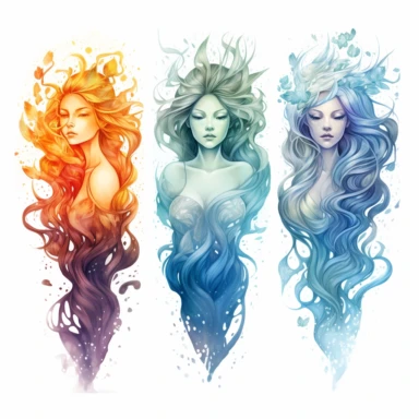 Ethereal nature elemental witches, representing the 4 natural elements (earth, fire, water and air) Clipart sheet in the style of Anna Dittmann, vivid, separated with a margin, white background