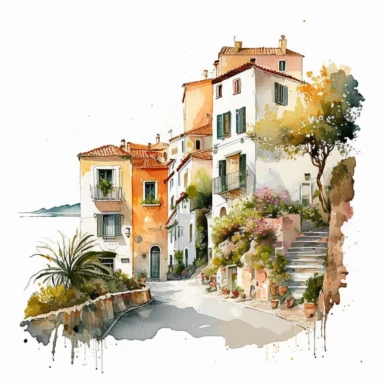 beautiful watercolor clipart of white houses on a cobbled street in a French hillside village near the Mediterranean sea, warm summer hues, compositions on an isolated white background. Bright landscapes illustrations, highly detailed