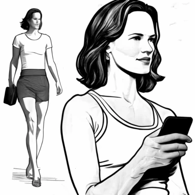 zoomed out view, woman looking at her iphone, looks like jennifer garner, looks like wii fit instructor character, age 46, full body and face, black and white, adobe illustrator, illustration, line art, dynamic composition, forced perspective, clipart, realistic, blank background