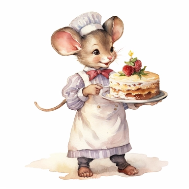 watercolor clip art illustration, cute little mouse boy, in vintage dress, clutching a cake, profile view, white background