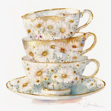 3 stacked vintage teacup, daisies inside, glitter around, white, gold, glitter, fantasy, realistic illustration, watercolor, by Dinara Mirtalipova, by Disney, by rifle paper co, bright and airy Colors, concept art, white background, clipart