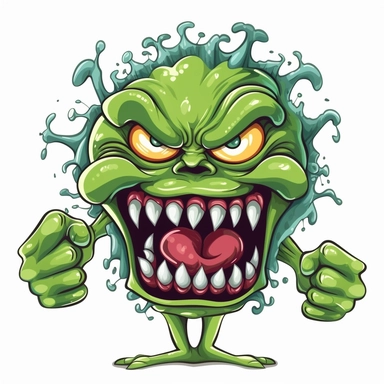 clipart of an angry green germ with crooked teeth and a twisted tongue screaming forward
