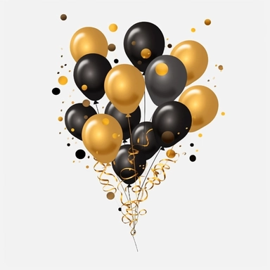 Black and gold balloons, confetti, celebration, clip art, vector, 2d, simple, no background