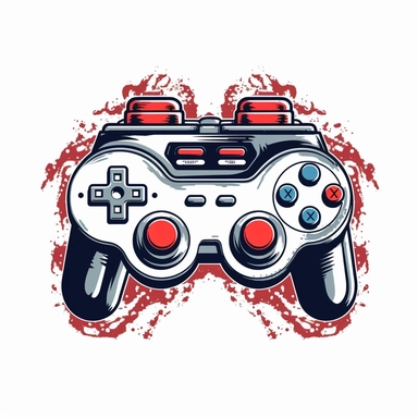emblem of a retro video game controller and console, white background, clipart, for shirt design, muted colors, black and red art
