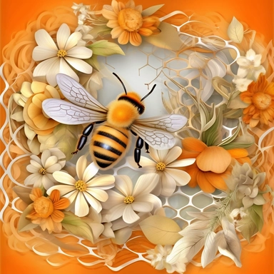 3D honey bee clipart, bees, honeycomb, flowers, in the style of whimsical collage work, grid, cartoon mis - en - scene, light white and orange, baroque religious scenes, layered mesh