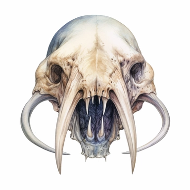 scary face of a demonic walrus skull looking head on, watercolor, ultra high-detail, dark outlines, hyperrealism, white background, clipart