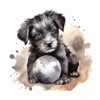 Watercolor puppy playing, with ball that resembles a world globe Clipart - cute puppy , Colour of black and silver, white background, vector art, high definition, clip art, ar 2:2