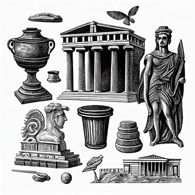 a black and white vector drawing of a variety of greek archeological objects, a detailed drawing inspired by Josef Navrátil, neoclassicism, black and white vector art, clipart, highly detailed vector art, coherent, white background