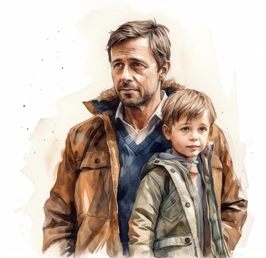 DESIGN A MAGNIFICENT AND EXQUISITE BREATHTAKING ONE-OF-A-KIND HIGH QUALITY HIGHLY DETAILED MASTERPIECE WATERCOLOR CLIPART ILLUSTRATION OF A father and the boy wearing the jacket and carrying him, in the style of realistic watercolor paintings, zack snyder, celebrity portraits with personality, david plowden, colorful woodcarvings, smooth and shiny, dark gray and light brown