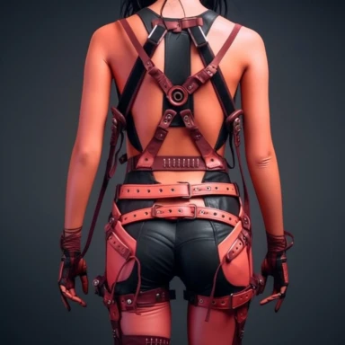 KAWAII gothic steampunk style (mirror-like deep pink and orange leather) (slim harness shape, leather strings, innovative digital clip with cyberpunk technology) (ladybug) Maisie Williams in (thin string style made of high quality leather)(thin leather string covered, leather linked trousers with small triangular panels)(leather strings and connected by small rivets and metal rings))