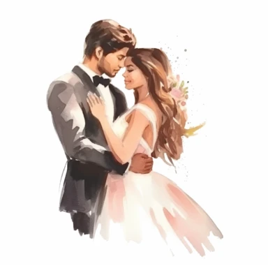 watercolor style, beautiful bride and handsome latino groom clipart, isolated on white background, hd
