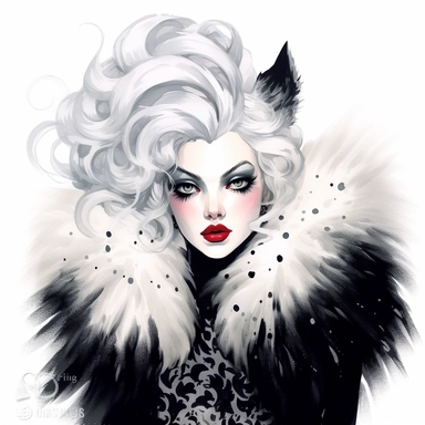 watercolor Disney Cruella de Vil (101 Dalmatians): A glamorous but evil fashion-obsessed woman with black and white hair and a fur coat, clipart, white background, by Natalie Shau, by Kawacy