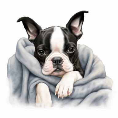 Boston Terrier, snuggling on a lap, realistic, Clipart, white background, no text, no caption