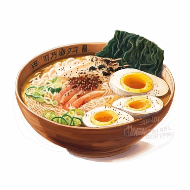 an bowl of japanese ramen, anime art, authentic ramen, watercolor, white background, clipart