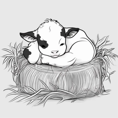 colouring book, black and white, simple art, a cute baby cow sleeping on a bed of hay, , pretty, closed eyes, magical tale, for ages 2-6, adorable, bedtime, clipart, no fill, no background