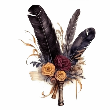 A black feather quill pen resting on an old parchment, surrounded by a dark bouquet of dried flowers clipart, white background, watercolor drawing