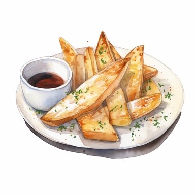 Watercolor detailed illustration ofPotato wedges served with dipping sauce on a plate, clipart, white background