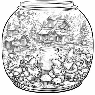 Coloring Page, In A jar Gnomes engaging in a friendly gnome race, with tiny carts and tracks in the jar village, clipart black and white, no fill, only outline